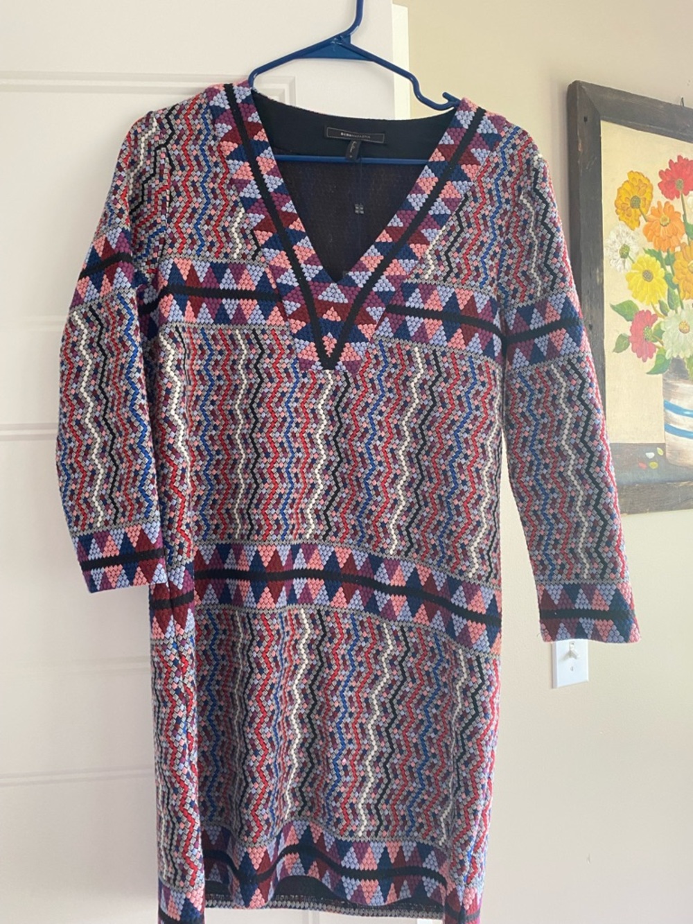 BCBGMaxAzria Multicolor Geometric V-Neck Knit Dress